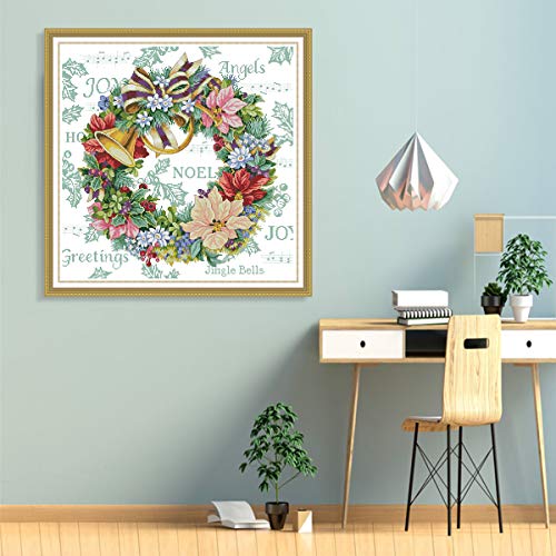ITSTITCH Printed Cross Stitch Kits 11CT 27X27 inch DIY Embroidery Starter Kits Easy Patterns Embroidery for Girls Crafts DMC Stamped Cross-Stitch Supplies Needlework Honliday Wreath - color: Honliday Wreath 27x27 inch
