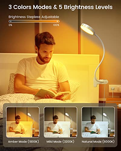 Glocusent 5W Clip on Light, 3 Colors & 5 Brightness Reading Light for Bed - color: White