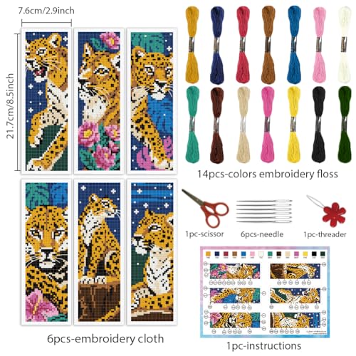 INFUNLY 6PCS/Set Cheetah Cross Stitch Bookmark Kit 2.99x8.54 Wild Leopard Handmade Cross Stitch Bookmarks DIY Embroidery Bookmarks for Readers with Instruction for Starter Adults Book Lovers - style: Cheetah