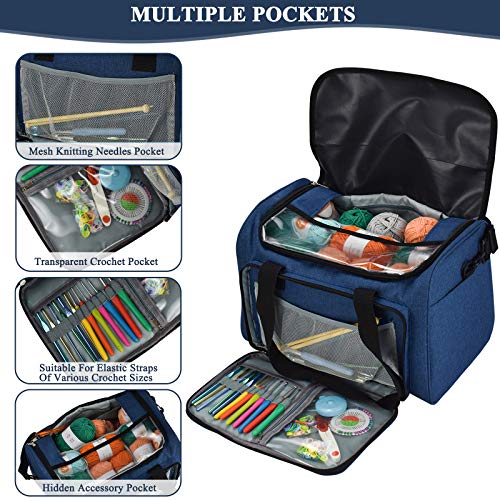 Coopay Large Knitting Bag Yarn Bag for Crochet, Yarn Tote Storage Organizer Portable Individual Compartments for Carrying Unfinished Project, Crochet Hooks Needles Accessories - color: Navy Blue