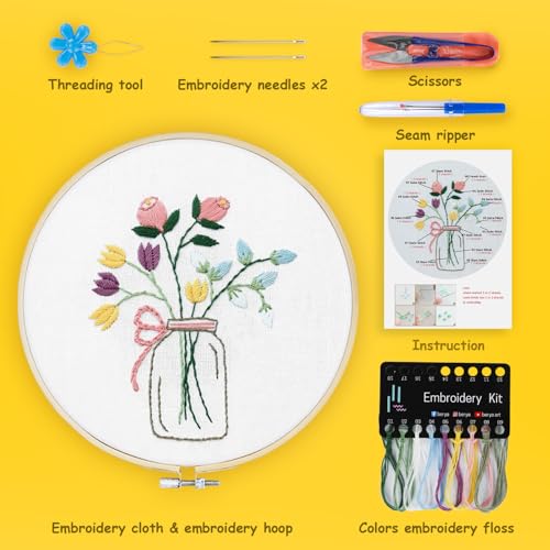 BERYA Flowers Embroidery Kit Including Video Step by Step Instructions Embroidery Hoop,Color Threads and Embroidery Scissors for Beginners-Handmade Needlepoint Kits for Adults - color: flower and vase white