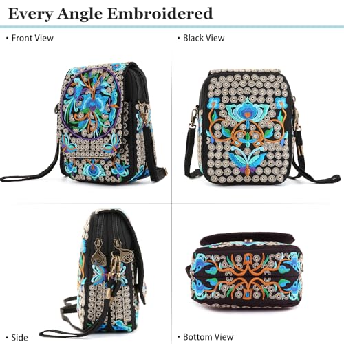 Embroidery Flowers Canvas Crossbody Bag, Women Messenger Bag, Cellphone Pouch Purse - color: Blue