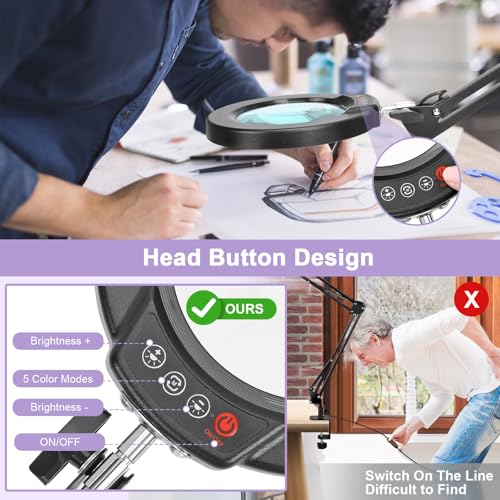 12X Magnifying Glass with Light and Clamp, Real Glass Lens Lighted Magnifier with Stand, 5 Color Modes LED Dimmable Magnifying Desk Lamp Hands Free for Crafts Jewelry Painting Sewing Close Work - color: Black, size: 12X 17.8inch Clamp