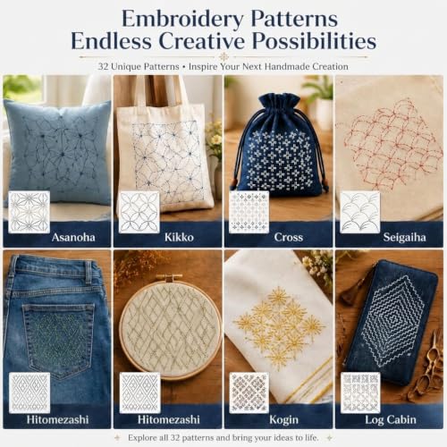 40 Pcs Sashiko Stencil Set, 5.12 x 5.12 in Plastic Geometric Sashiko Pattern Templates with 8 Colors Thread, Drawing Line Embroidery Stencils for Visible Mending, Hand Sewing and Quilting