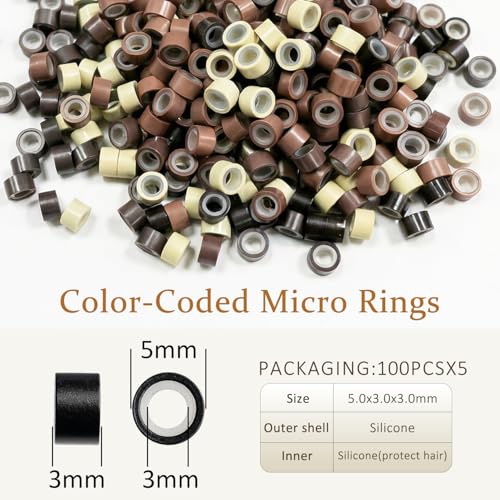 JIAMEISI Hair Extension Tool Kit, 500 Micro Rings 5 Clips - color: 5 Colors