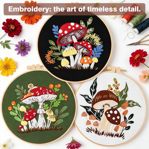 RidaaFri Embroidery Kit for Beginners, 3 Pk Stamped Mushroom DIY Craft