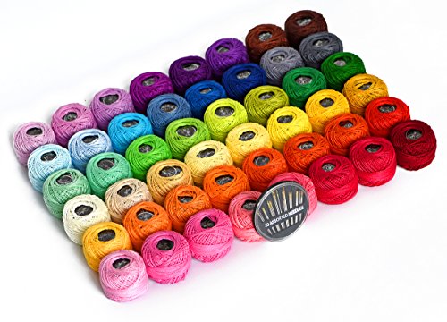 LE PAON 48 Crochet Thread Set Balls 100% Long-Staple Cotton Rainbow Colors of Size 8 Threadand Free 30 Golden Needles 48 Balls for Crochet Hardanger Cross Stitch Needlepoint Hand Embroidery - color: 48 Solid colors