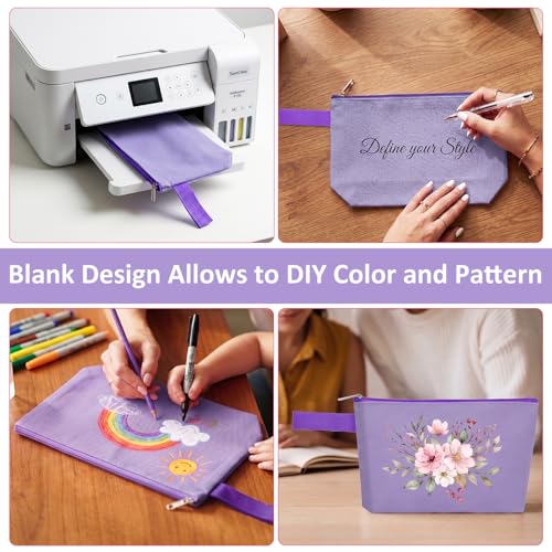 10 Pieces Cotton Canvas Makeup Bag with Bottom and Strap, Multi-Purpose Cosmetic Bag with Zipper Travel Toiletry Pouch, Blank DIY Craft Bag (Purple, M) - color: Purple, size: M