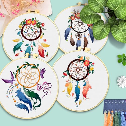 ERKOON 4 Set Embroidery Kit for Beginners, Cross Stitch Set Include Embroidery Cloth Hoops Threads for Craft Lover Hand Stitch with Embroidery Skill Techniques (Feather Wreath) - color: Feather Wreath