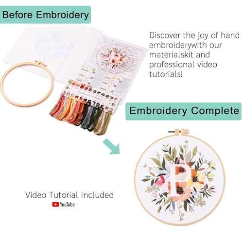Harimau Letter Pattern P Embroidery Kit for Adult Beginners, Complete Starter Pack with 1 Hoop, Needles, Instruction Guide & Embroidery Stitch Video Tutorials - color: P