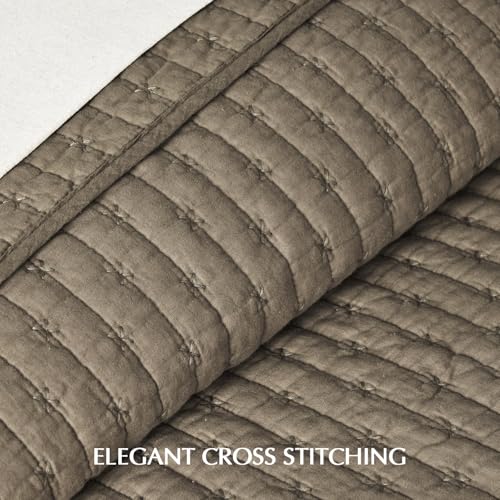 EverGrace 100% Cotton Cross Stitch 3-Piece Quilt Set, Queen, Mocha Brown - color: Mocha Brown, size: Full/Queen (92" X 96")