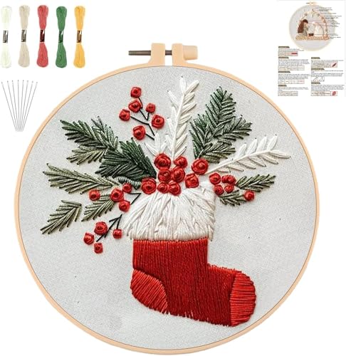 Christmas Embroidery Kits for Adults, Beginner DIY Embroidery Starter Kit - color: Red Stockings