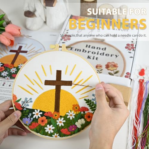 ElasignShopo Christian Embroidery Kit for Beginners Adults, Easy Cross Stitch Kit Easter Cross Jesus Pattern Embroidery Starter Kits with Wooden Hoop, Needles, Threads and Instruction Easter Gift - color: Flower Cross