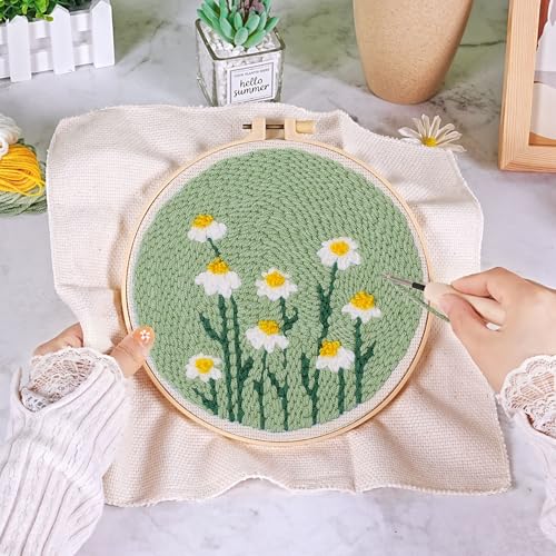 KESTAR Punch Needle Embroidery Starter Kits, Daisy Flower Punch Needle Kits for Adults Beginner, Needle Punch Kit Tool with Instruction Threader Fabric Yarns and Hoop - color: Green Daisy