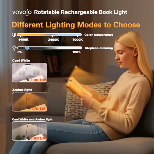 VAVOFO 24 LEDs Rotatable Book Light, Rechargeable Clip Reading Lamp, Black - color: Black