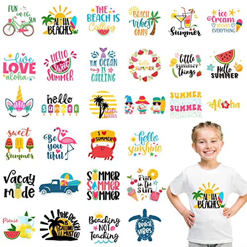 Whaline 30 Sheets Summer Iron On Transfers Patches Summertime Vinyl Heat Transfers Patches Decals Watermelon Ice Cream Beach Summer Fashion Heat Transfer Stickers for Clothing Fabric DIY Craft Decor - style: Summer