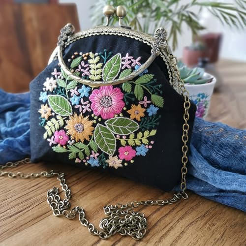 Eforcase Flower Embroidery Kit Tote Bag, Embroidery Coin Purse Kits Handbag Hand Embroidery Kit for Adults Beginner with Embroidery Patterns, Embroidery Hoop,DIY Sewing Kit - color: flower