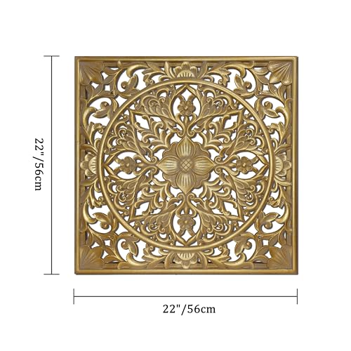 XIAOAIKA Boho Carved Wood Wall Art Panel, Floral Mandala, Distressed Gold - color: Distressed Gold