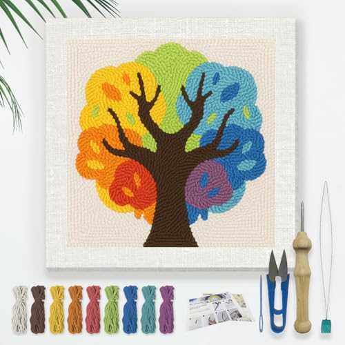Doodlream Colorful Tree DIY Punch Needle Embroidery Kit for Adult Beginner, 9.4" Multicolored Tree Punch Stitching Craft Set for Starter with Frame, Fabric Pattern, Threader, Yarn, Pinch Needle - color: Colorful Tree