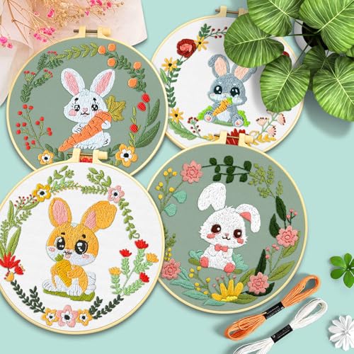 ERKOON 4 Sets Embroidery Kit, Animal Cross Stitch Set for Include Embroidery Cloth Hoops Threads for Craft Lover Hand Stitch (Rabbit) - color: Rabbit