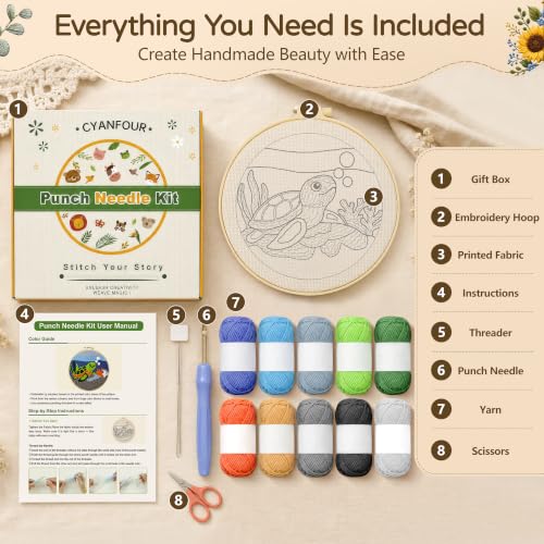 CYANFOUR Punch Needle Kit for Beginners, Sea Turtle Punch Needle Kits Adults, Craft Kits for Adults with 2 Pre-Printed Fabrics, Embroidery Hoop, Threads, DIY Gift and Home Decor 20 * 20cm - color: Sea Turtle