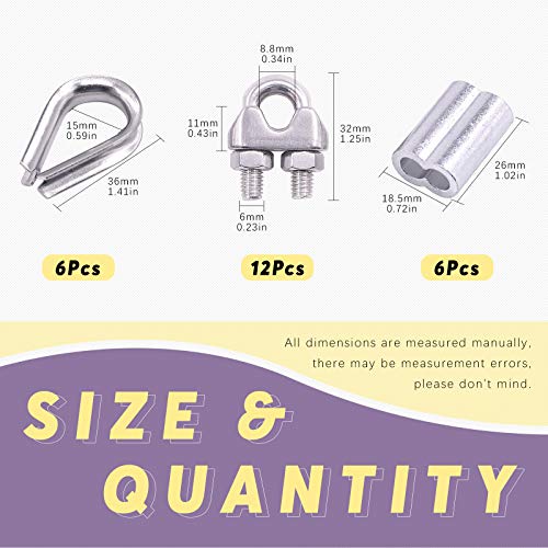 Swpeet 24Pcs M6 (1/4") Wire Rope Accessory Set, Included M6 Wire Rope Cable Clip Clamp, M6 Stainless Steel Thimble, 6mm Aluminum Crimping Loop Sleeve Perfect for 1/8 inch Wire Rope Cable (M6) - size: M6