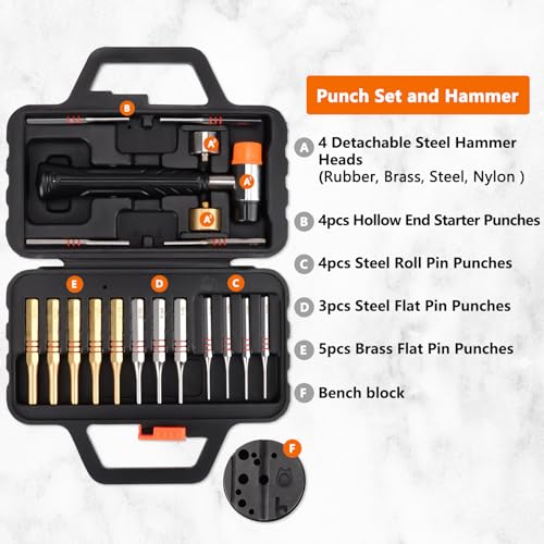 Pridefend Punch Set,Brass Punch Set and Roll Pin Punch Set Made of Solid Material Including Steel Pin Punch Set and Bench Block, Hammer with Detachable Heads,Punch Set with Portable Storage Case - style: Brass Pin Punch Set