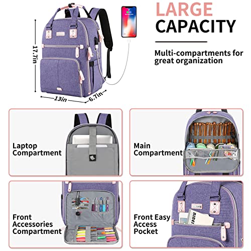 SINVICKO Crochet Bag, Knitting Bag Backpack and Totes Organizer with USB Charging Port, Large Yarn Storage Tote Bag - color: Purple