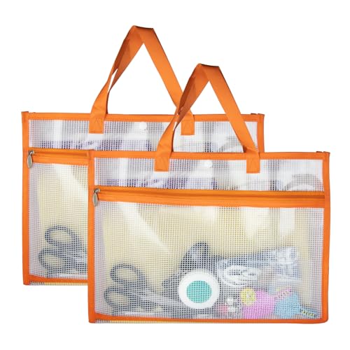 2 Pcs Portable Project Bags for Quilting Knitting, Stitching and Embroidery Projects Storage, Sew Project Bag with Zipper and Double Pockets, Transparent Mesh Sewing Project Bag for Crafter - size: 2 Pack