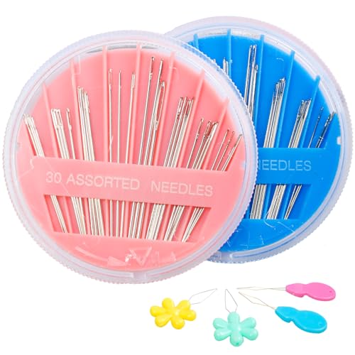 Hekisn 60-Pack Premium Hand Sewing Needles Set, 6 Sizes Embroidery Needles Kit with Threaders, Assorted Large Eye Sewing Needles for Repair, DIY, Art & Craft Projects(Blue&Pink) - color: Blue/Pink