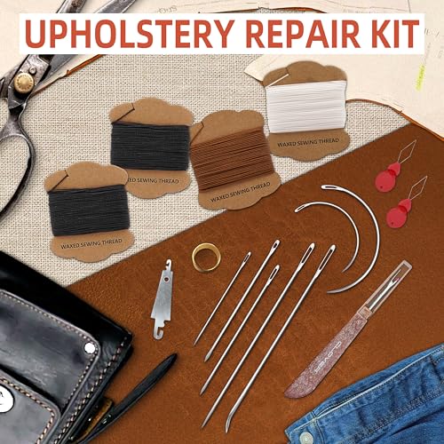 Upholstery Repair Kit: Extra Strong Waxed Sewing Thread 2 Rolls (Black and White) &Heavy Duty Household Hand Needles (7 PCS) for Leather, Canvas, Bookbinding & Quilting Thread - color: Black,White