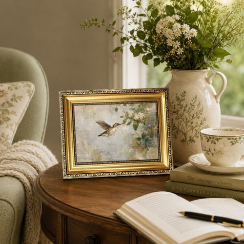 Vintage Gold Framed Hummingbird Wall Art,Antique Frame Bird Canvas Print - color: Hummingbird Gold Framed, size: 11"L x 9"W