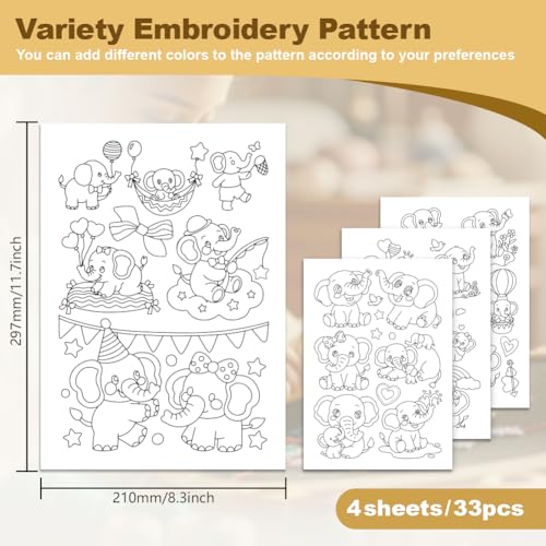33Pcs Cartoon Elephant Water Soluble Hand Sewing Stabilizers, 8.3"x11.7" Happy Elephant Embroidery Pattern Stabilizer, 4 Sheets Animal Stick and Stitch Embroidery Paper Sticker
