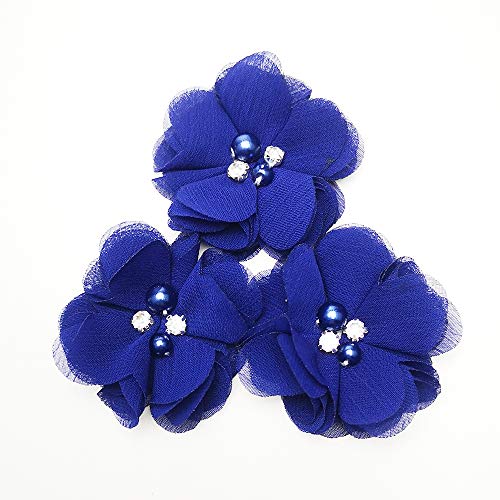 Chenkou Craft Pac.k of 12pcs Chiffon Flowers Ribbon Bows W/Beads 2-3/8" (60mm) Appliques Wedding Decor Bulk Lots (Dark Royal) - color: Dark Royal