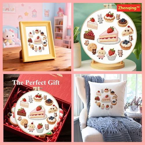 Zhenqing Strawberry Cake Embroidery Kit for Beginners, Pre-Printed 29x29cm Fabric with 20cm Hoop & Threads, Cute Dessert and Animal Design for Home Decor(C0176)