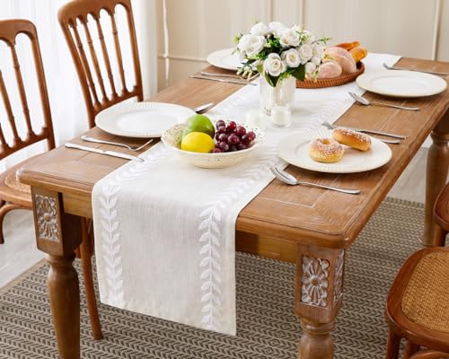 Linen Embroidered Table Runner, White Table Runners 48 Inches Long - color: White, size: 13×48 Inch