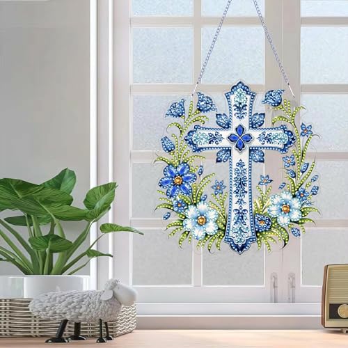 ARPADAMO Hanging Diamonds Art kit for Adult,DIY Cross Flowers Pendant Diamonds Painting Art Kit, 7.0x6.8 inch Acrylic Diamonds Painting Board Kit Ornament, Special Crystal Diamond Hanging Ornament - color: DP01402