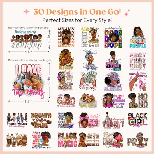 Kaciola 30 Sheets Black Girl DTF Transfers Ready to Press, Black Women Iron on Transfers for T Shirts Washable Stickers Iron on Decals for T Shirts Hoodie DIY Crafts - color: Black Girl