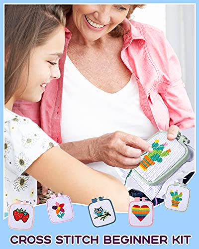 Pllieay 5PCS Cross Stitch Kits for Beginners for Kids 7-13, with Pattern - size: Square Embroidery Hoops