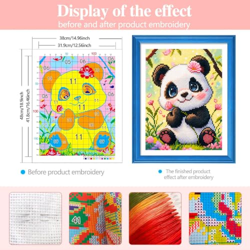 Zhenqing Panda Stamped Cross Stitch Kit for Beginners, 11CT Printed Full Coverage Cute Panda with Pink Flowers Pattern, 38 x 48 cm DIY Animal Embroidery Needlework Set, No Hoop Needed - color: Panda