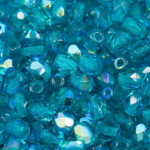 100pcs Faceted Fire Polished Pressed Czech Glass Beads 4mm (0.16in), Aqua Blue AB 60150-27801 - color: Aqua Blue AB