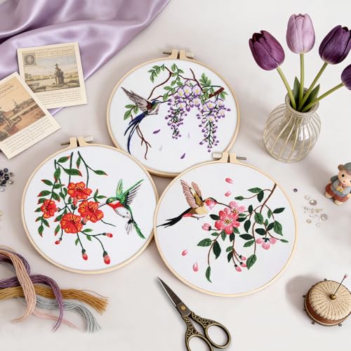 Uniartfy Embroidery Kit for Beginners with Hummingbird and Flower Pattern - color: Embroidery Kit-E