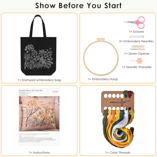 ERKOON Canvas Tote Bag Embroidery Kit for Beginners, Floral Arts Crafts Cross Stitch Kits for Adults Including Stamped Embroidery Bag with Hoops, Needle, Instruction and Color Threads(Chamomile) - color: Chamomile