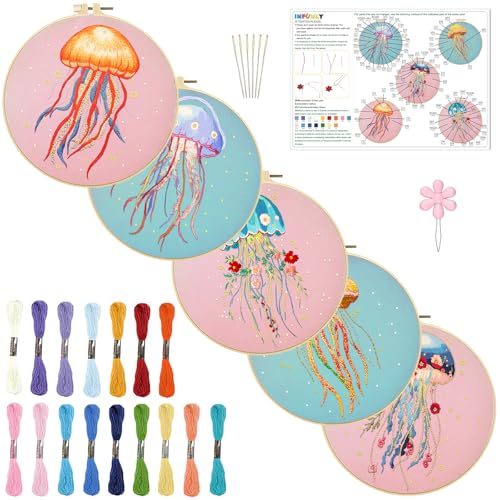 INFUNLY 5 Sets Jellyfish Embroidery Kits for Beginners DIY Cross Stitch Starter Sets with Instructions Colorful Jellyfish Flower Needlepoint Kits with Embroidery Cloth Colored Threads Hoops Tools - style: Jellyfish
