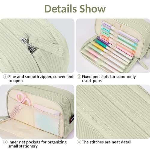 Sooez Big Capacity Pencil Case Pen Pouch, Soft Corduroy Pencil Bag - color: Green