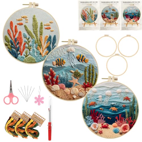 LYMIGER 3 Packs Embroidery Kit for Adults, Embroidery for Beginners (Sea-1) - color: Sea-1