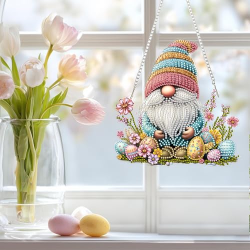 NAIMOER Easter Gnome Diamond Art Hanging Kits for Adults, 5D Special Shaped Rhinestone, DIY Acrylic Spring Diamond Art Painting Window Pendants Home Garden Wall Hanging Ornament Kits, Double Sided - color: Easter 05