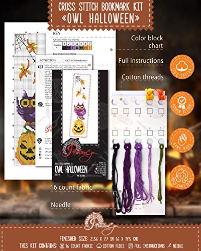 Povitrulya Halloween Owl - Counted Cross Stitch Kit with Halloween Pumpkin Jack-o'-Lantern - DIY Hand Embroidery Bookmark - color: Owl