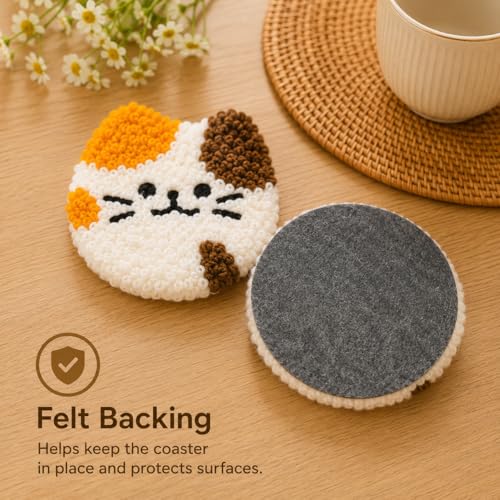 HGUANGJ Punch Needle Kit for Beginners Adults, Cat Coasters Kit with Adhesive Felt, Yarns, Embroidery Hoop for DIY Craft