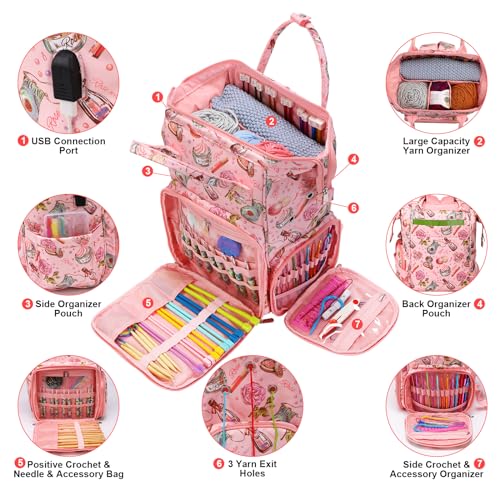 crochet bag,knitting bagBackpack and Tote Bag Storage Bag ，Large capacityYarn Storage Organizer Travel Crochet Bag Women Carrying Crochet Accessories Knitting Needles Crochet - color: PINK